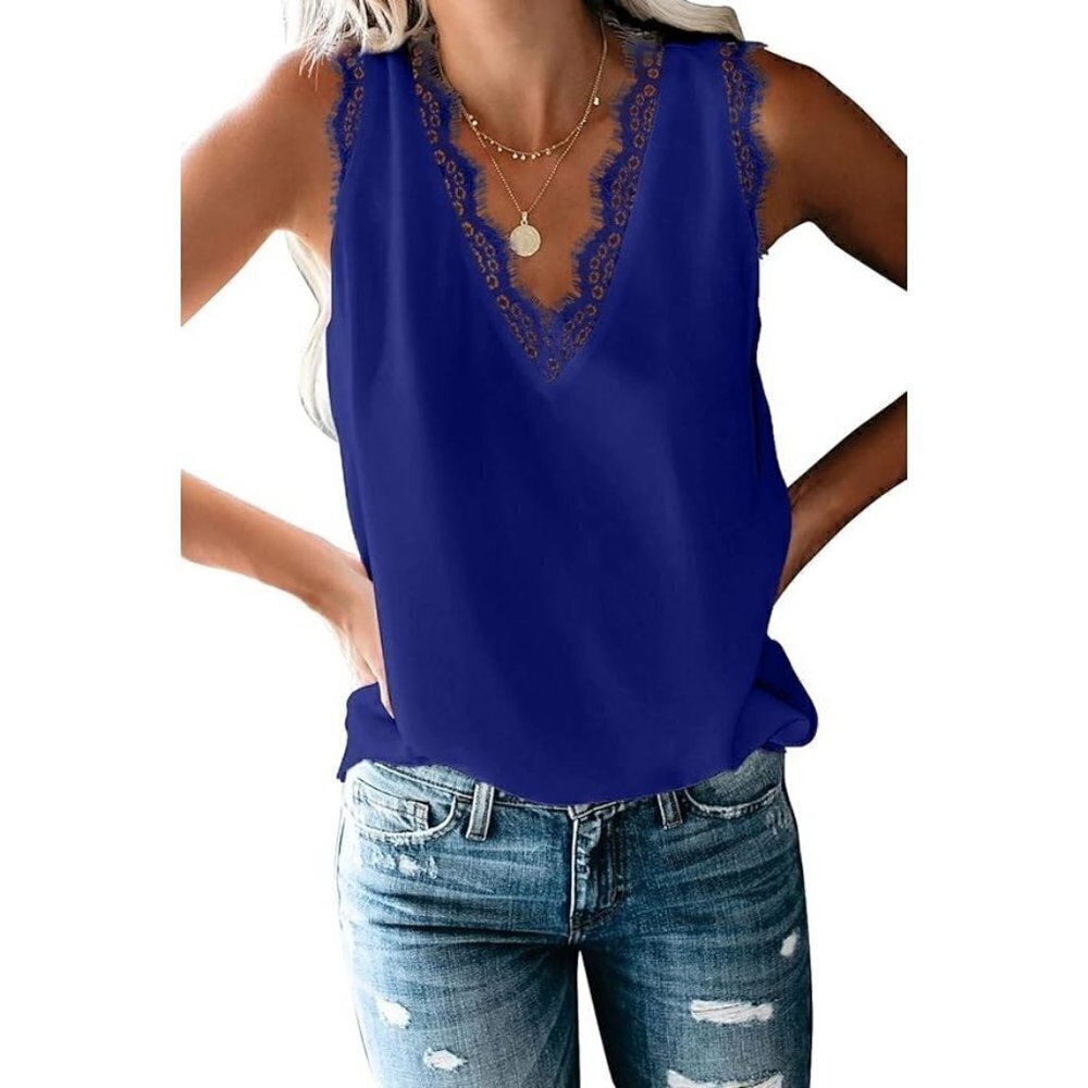 Boutique Royal Blue Lace V-Neck Sleeveless Blouse M‎